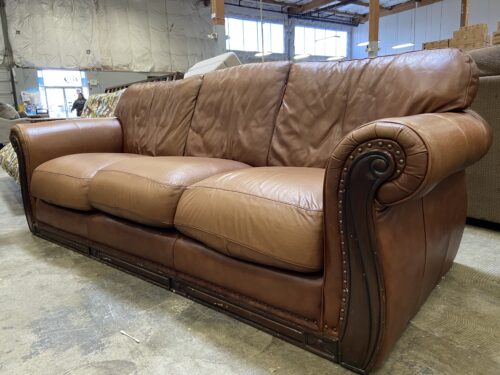 Vintage Caramel Leather Sofa with Carved Wood Detailed Base