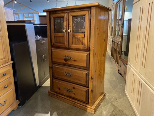 Vintage Wooden Tallboy Dresser with 2 Upper Glass Doors