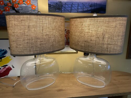 Raindrop Teatured Glass Table Lamps w/ Woven Rattan Shades (Set of 2)