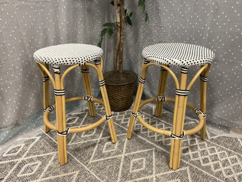 Bamboo Style Wooden Stools with Black and White Woven Seats (Set of 2)