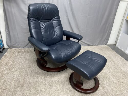 EKORNES Navy Blue Leather Stressless Swivel Recliner w/ Ottoman