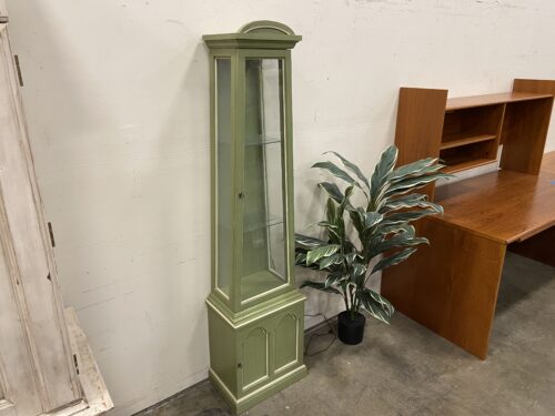 Vintage Sage Green Painted Wooden Curio Cabinet with Glass Shelves