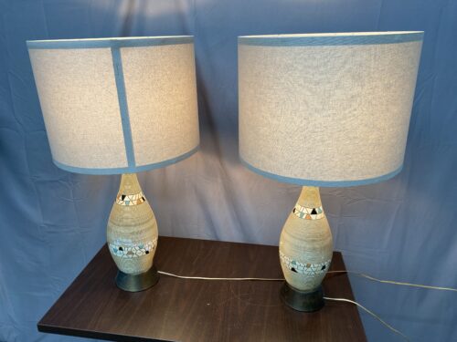 Vintage Painted Ceramic Table Lamp w/ Taupe Drum Shade (Set of 2)