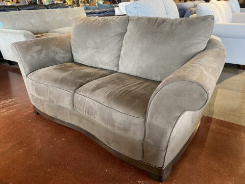 NATUZZI Olive Microfiber Loveseat with Curved Dark Wood Base