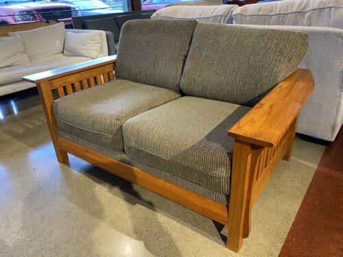 Mission Style Solid Wood Frame Loveseat with Green Cushions