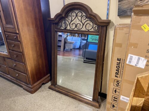 Rustic Arched Hanging Mirror with Scrolled Metal Details