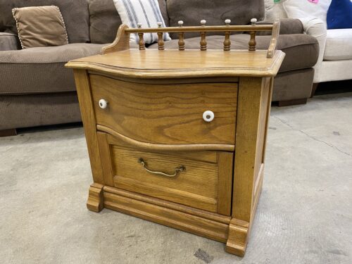 KEEPSAKE PULASKI Light Wood 2 Drawer Nightstand with Breakfront Top Drawer and Decorative Railing