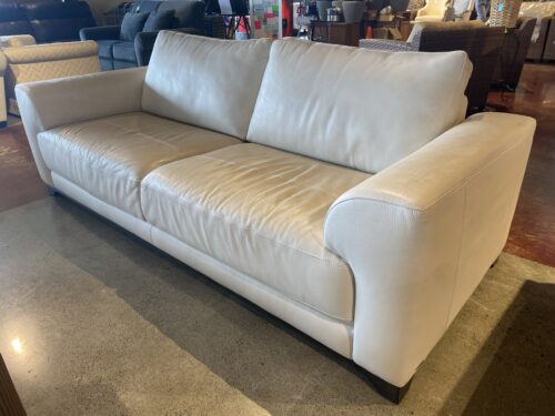 NATUZZI Italian Oversized White Leather Loveseat with Dark Wooden Base