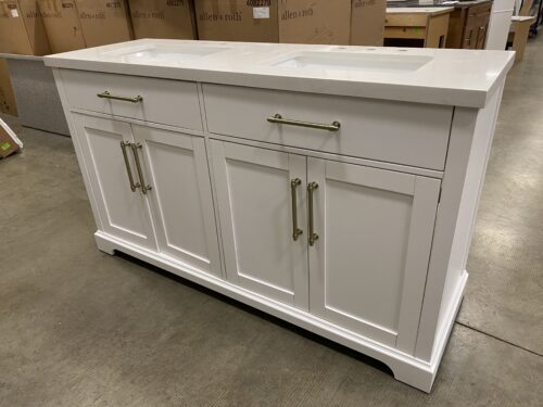 NEW! White Double Sink Vanity with Silver Rail Pulls and 2 Tilt-Out Tray Style Drawers