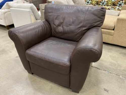 NATUZZI Plush Espresso Brown Leather Armchair with Dark Wooden Feet