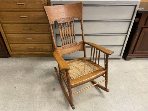 Decoratively Carved Wood Woven Seat Rocker