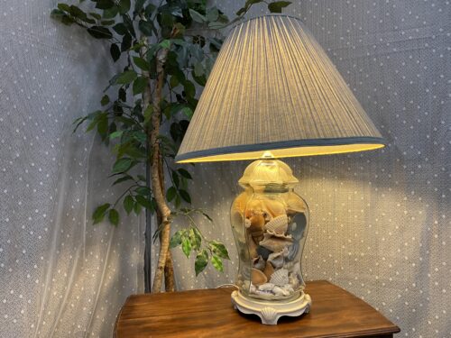 Coastal Shell Filled Table Lamp with Powder Blue Pleated Empire Shade