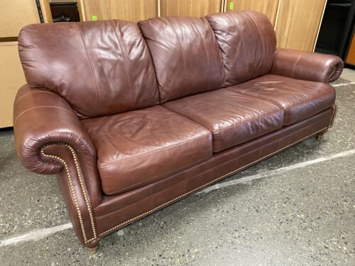 ETHAN ALLEN Cognac Leather Sofa w/ Nailhead Trim