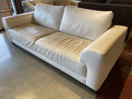 NATUZZI Italian Oversized White Leather Loveseat with Dark Wooden Base