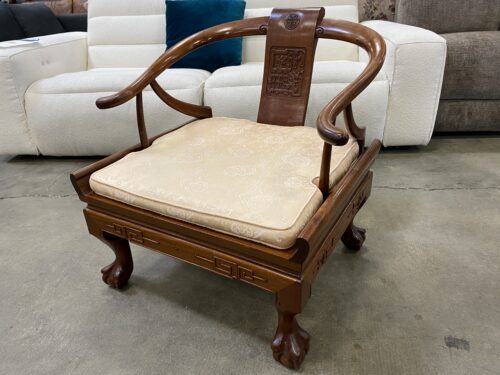 GEORGE ZEE & CO. Mahogany Chinoiserie Horseshoe Style Armchair with Carved Seat Back and Claw Feet