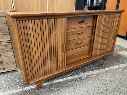 Walnut Finish MCM Style Buffet w/ Sliding Doors