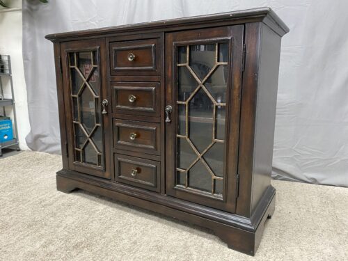 Dark Wooden 4-Drawer Sideboard w/ Glass & Metal Doors