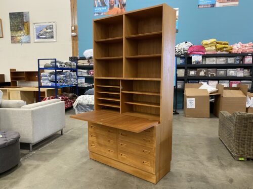 HUNDEVAD Danish Teak 8 Drawer Double Bookcase with Locking Drop Leaf Shelf and Key