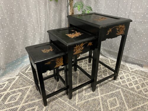 Vintage Chinoiserie Wooden Nesting Tables with Carved Wood Scenic Details  (Set of 3)