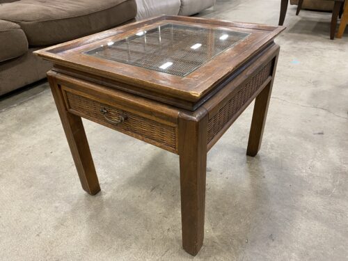 Vintage Rustic Wooden Single Drawer Nightstand with Rattan and Glass Top
