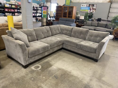 JONATHAN LOUIS Grey Tufted 2 Pliece L-Shaped Sectional Sofa with Black Wooden Base