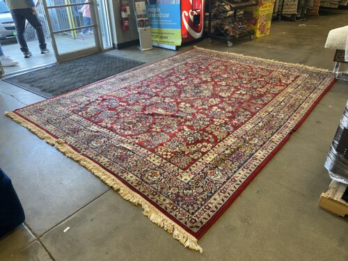 Crimson and Cream Persian Style Wool Rug with Fringe