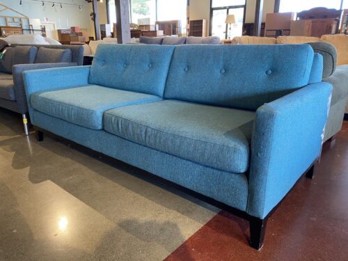 Contemporary Blue Tweed Sofa with Tufted Backrest