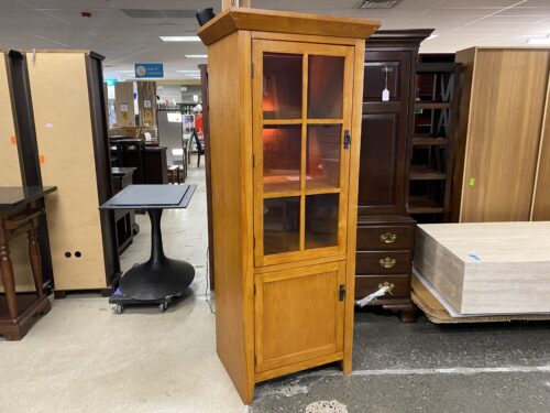 Light Brown Lighted Left Opening Storage Cabinet w/ Glass Door