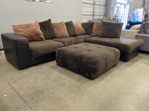 Chocolate Brown Leather and Microplush 3 Piece L-Shaped Sectional Sofa with Tufted Ottoman