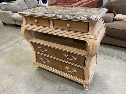 Stone Top Provincial Style Bombe Chest with Cedar Lined Drawers and Carved Bun Feet