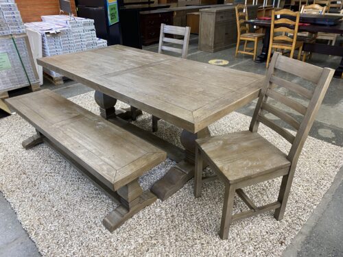 Farmhouse Weathered Brown Dining Table w/ 2 Ladder Back Chairs & Bench