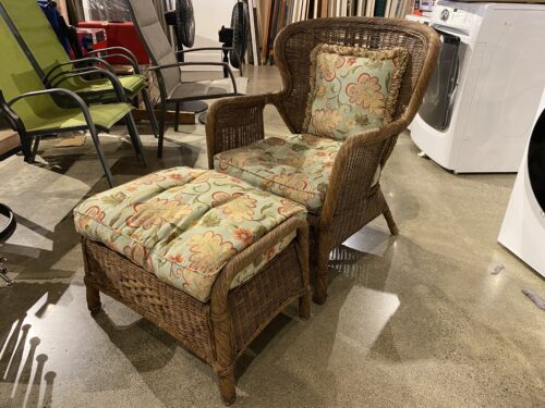 Victorian Style Wicker Wingback Chair with Ottoman