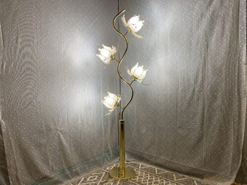 Vintage Mid-Century Modern 6' Hollywood Regency Brass Lotus Flower Lamp with Etched Glass Petals