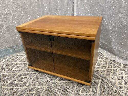 FBJ MOBLER Rolling Petite Danish Teak Media Stand with Smoked Glass Doors and Rotating Top