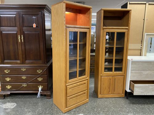 Light Oak Finish Lighted Display Cabinet w/ 2 Drawers