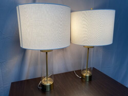 WEST ELM Acrylic Column USB Table Lamps in Antique Brass (Set of 2)