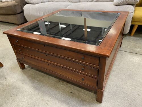 BOB TIMBERLAKE Lexington Solid Cherry Glass Top Display Coffee Table with 3 Dual Sided Drawers and Key
