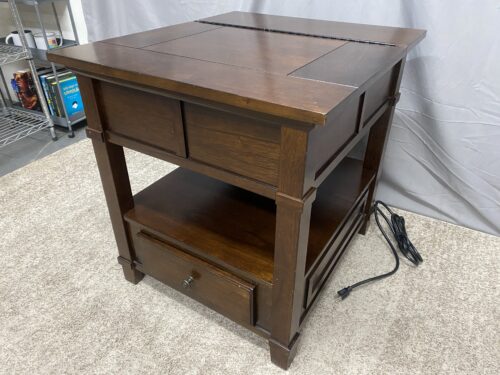 Dark Wooden Lift-Top Side Table w Built in Extension Cord
