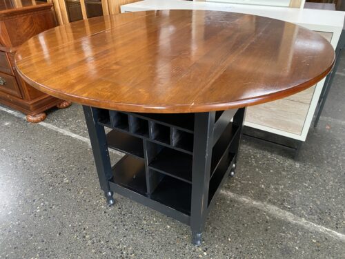 Brown & Black Round Drop Leaf Counter Table w/ Storage