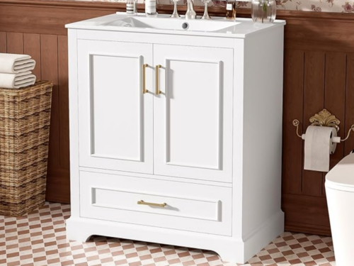 NEW! DEXMALLE 30-in White Modern Freestanding Single Sink Bathroom Vanity with White Ceramic Top and Drawer Model #N729P321376K
