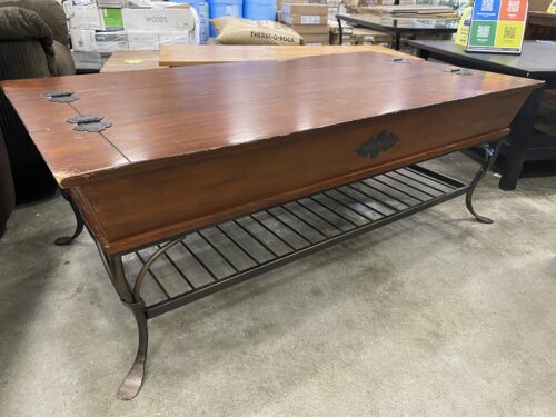 Unique Wooden Coffee Table with Storage Compartment and Wrought Iron Base
