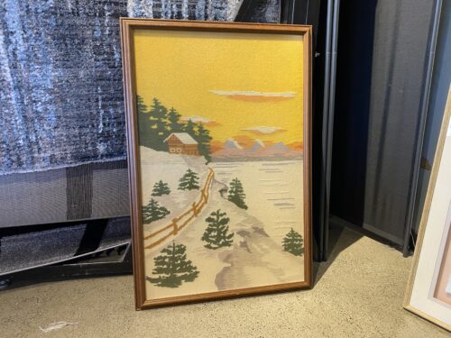 Vintage Hooked Rug Wall Art of a Rustic Winter Cabin Scene