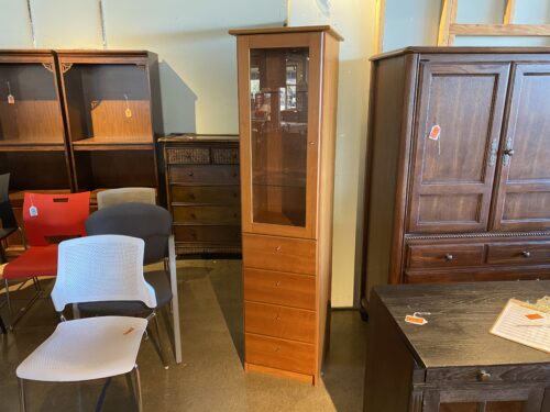 Slim Wood Cabinet with Glass Door Display Top and Four Drawers