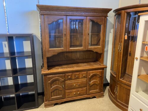 Vintage Oak China Cabinet Hutch with Floral Carved Top