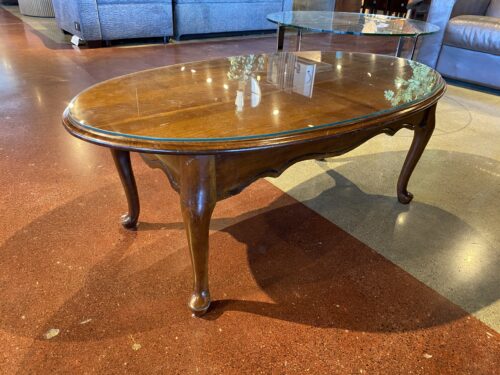 Oval Cherry Coffee Table with Glass Top and Queen Anne Style Legs