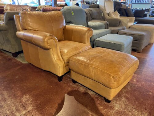 Honey Brown Leather Chair with Ottoman
