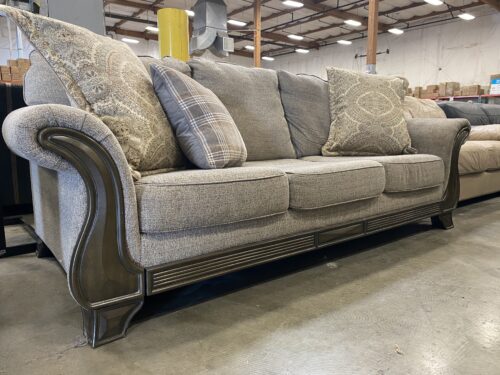 Soft Brown Woven 3 Seat Sofa with Decorative Carved Wood Base