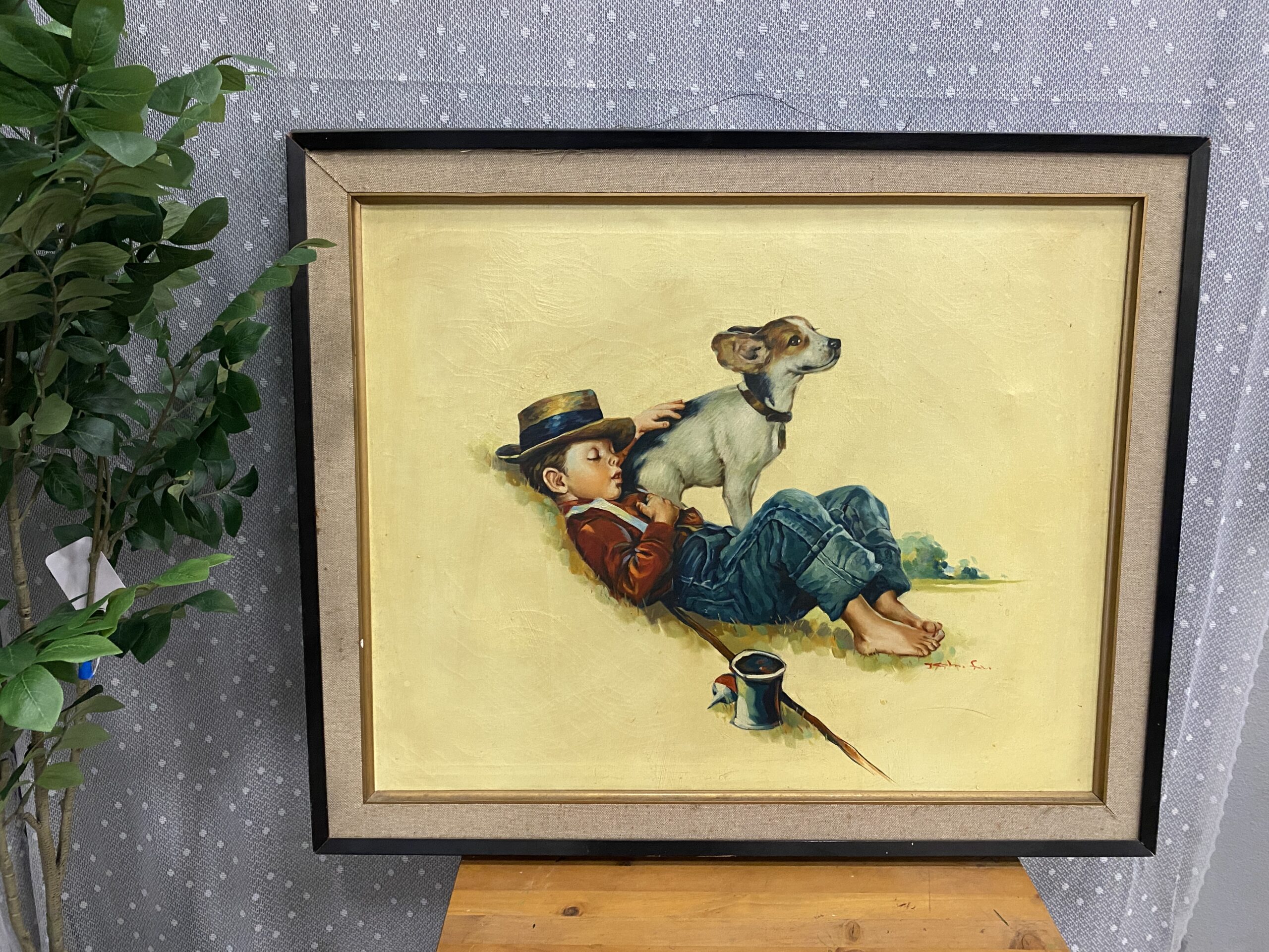 Boy with Dog, Large Wooden Framed Art Print