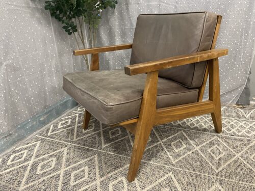 Rustic Wooden Lounge Chair with Beige Leather Cushions