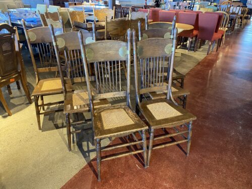 Antique Oak Press Back and Cane Chairs (Set of 6)